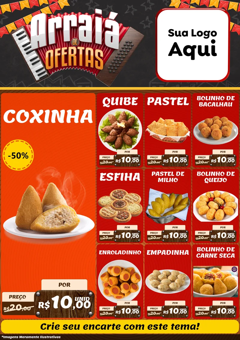 Modelo de Encarte para Encarte A4 Vertical com o tema Arraiá de Ofertas - Junina para Salgadaria