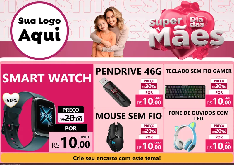 Modelo de Encarte para Encarte A4 Horizontal com o tema Super Dia Das Mães para Informática