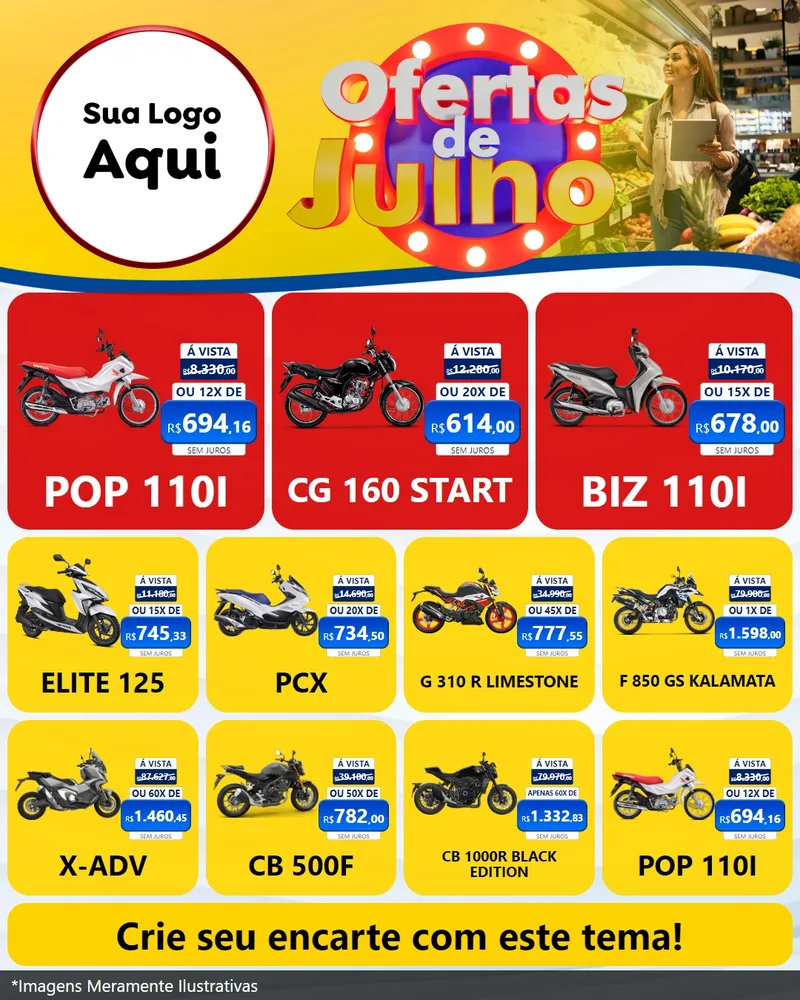 Modelo de Rede Social para Feed Instagram com o tema Ofertas de Julho para Concessionaria de Motos