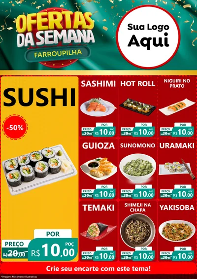Modelo de Encarte para Encarte A4 Vertical com o tema Ofertas da Semana Farroupilha para Comida japonesa