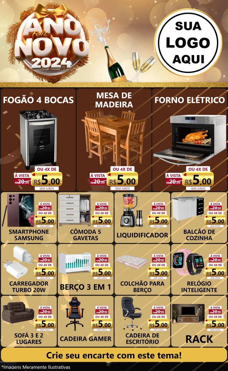 Modelo de Encarte para Encarte Grande com o tema Feliz Ano Novo 2027 para Móveis e Eletro
