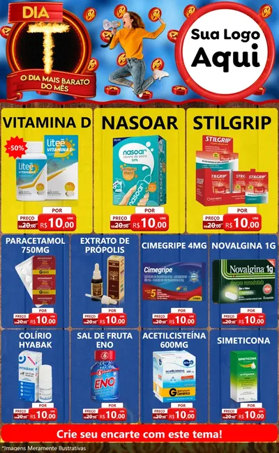 Modelo de Encarte para Encarte Grande com o tema Dia T - O Dia Mais Barato Do Mês para Farmácia