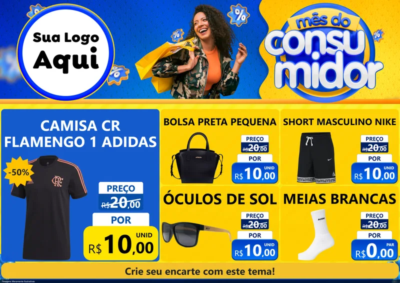 Modelo de Encarte para Encarte A4 Horizontal com o tema Mês do Consumidor para Roupas e acessórios