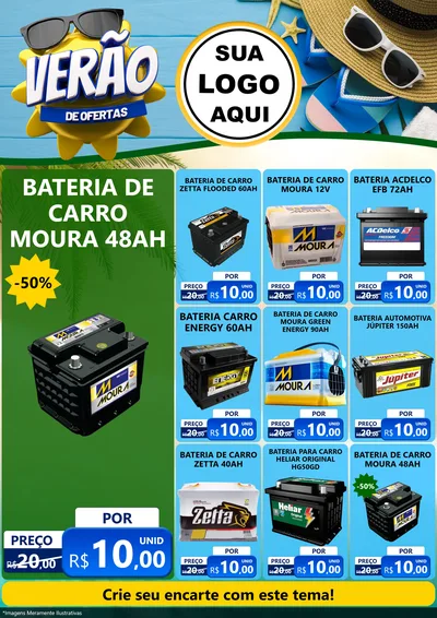Modelo de Encarte para Encarte A4 Vertical com o tema Verão de Ofertas para Baterias Elétricas