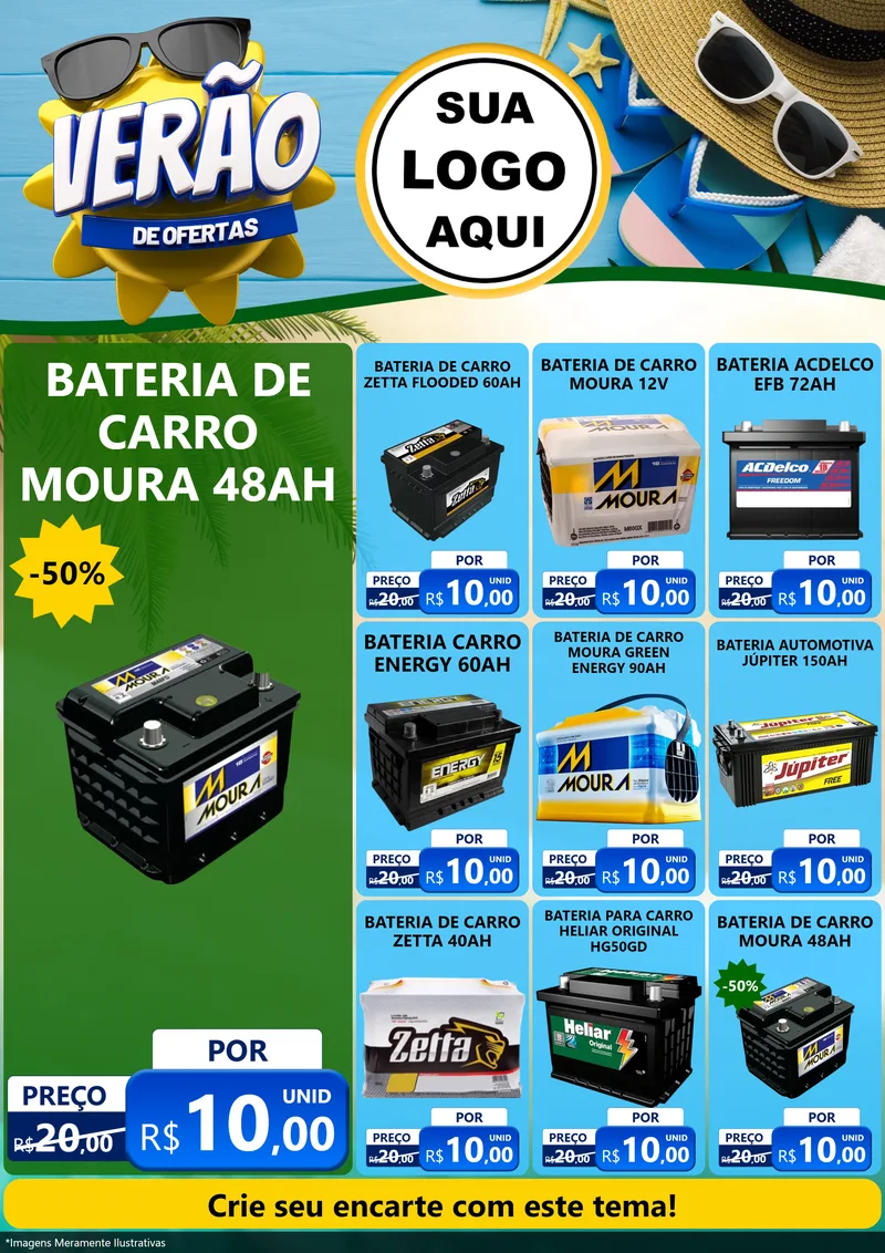 Modelo de Encarte para Encarte A4 Vertical com o tema Verão de Ofertas para Baterias Elétricas