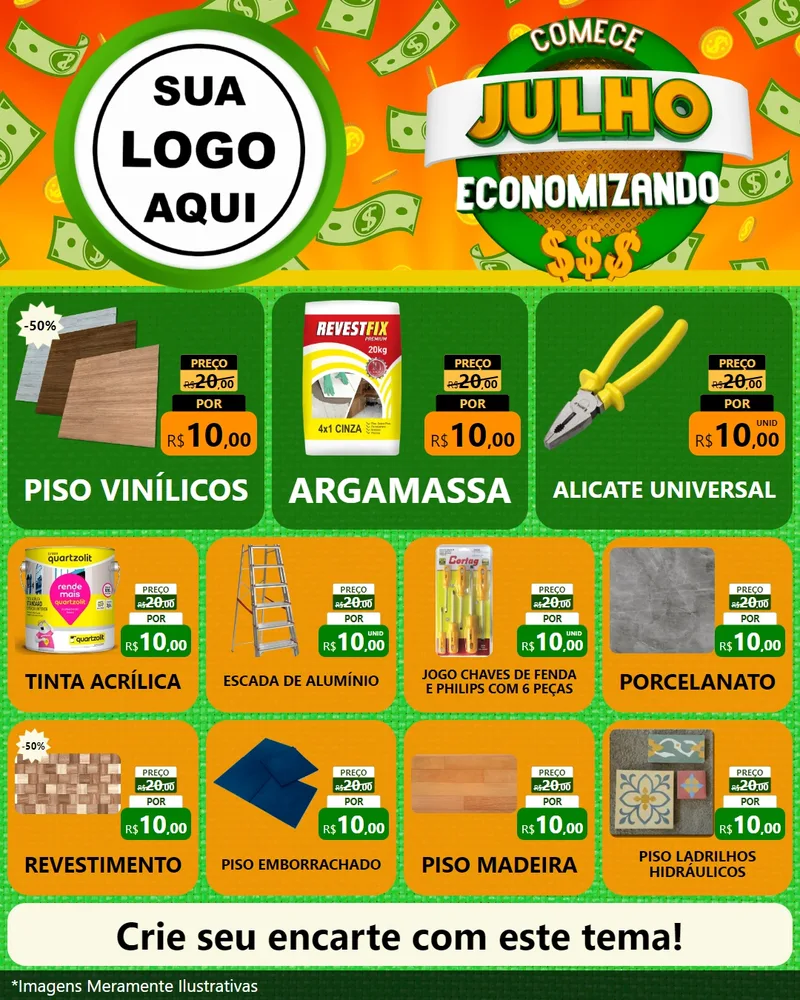 Modelo de Rede Social para Feed Instagram com o tema Comece Julho Economizando para Material para Construção