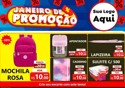 Modelo de Encarte para Encarte A4 Horizontal com o tema Janeiro de Promoção para Papelaria