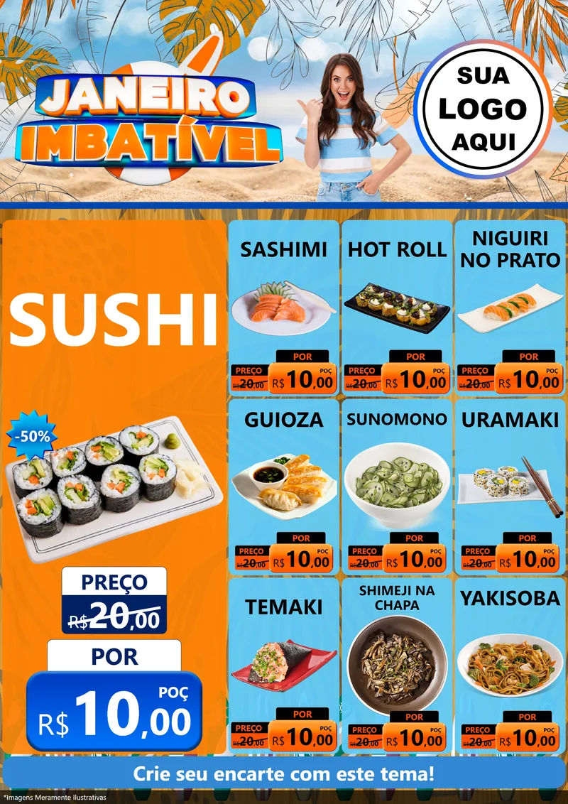 Modelo de Encarte para Encarte A4 Vertical com o tema Janeiro Imbatível para Comida japonesa