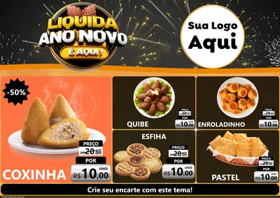 Modelo de Encarte para Encarte A4 Horizontal com o tema Liquida Ano Novo É Aqui! para Salgadaria