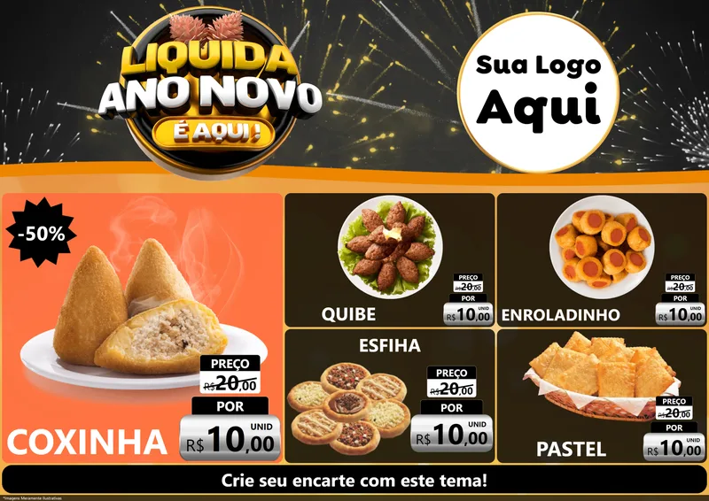 Modelo de Encarte para Encarte A4 Horizontal com o tema Liquida Ano Novo É Aqui! para Salgadaria