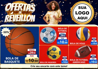 Modelo de Encarte para Encarte A4 Horizontal com o tema Ofertas de Réveillon para Artigos Esportivos