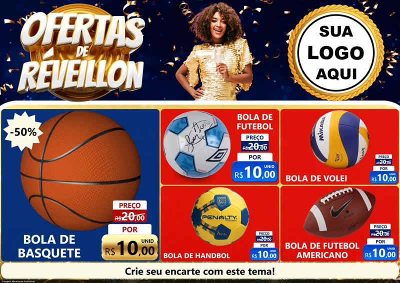 Modelo de Encarte para Encarte A4 Horizontal com o tema Ofertas de Réveillon para Artigos Esportivos