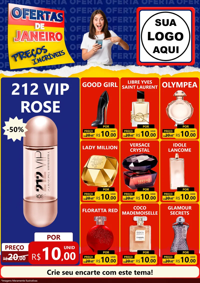 Modelo de Encarte para Encarte A4 Vertical com o tema Ofertas de Janeiro - Preços Incríveis para Perfumes