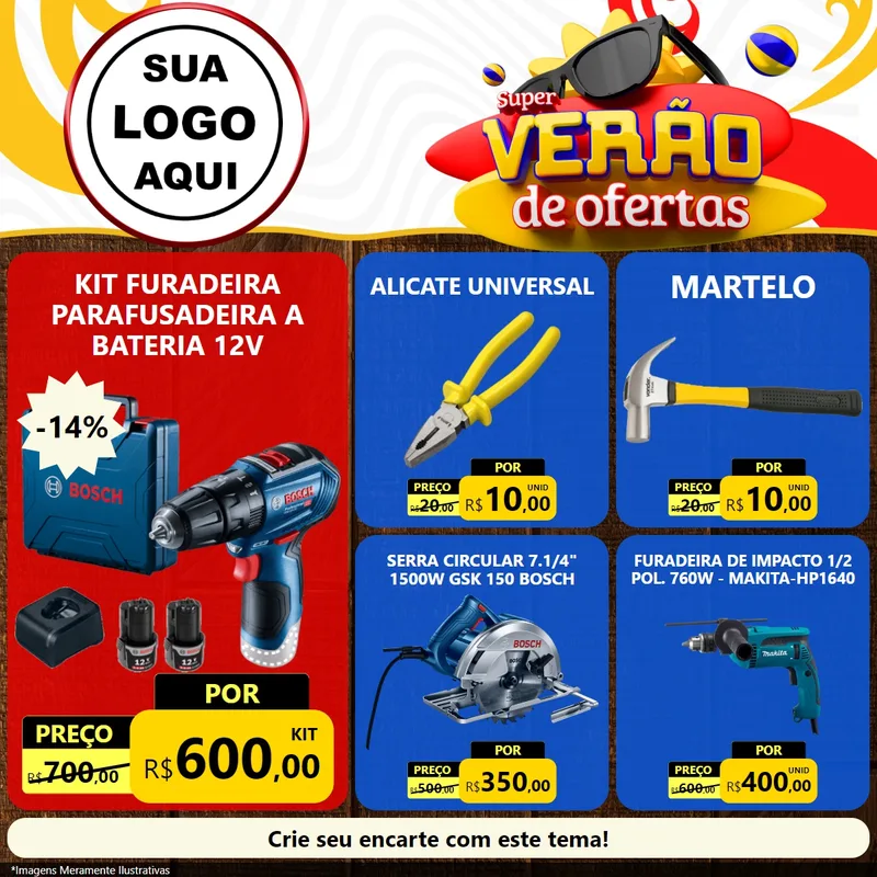 Modelo de Rede Social para Feed Facebook com o tema Super Verão de Ofertas para Maquinas e Ferramentas
