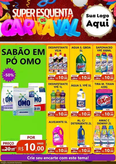 Modelo de Encarte para Encarte A4 Vertical com o tema Super Esquenta de Carnaval para Produtos de Limpeza