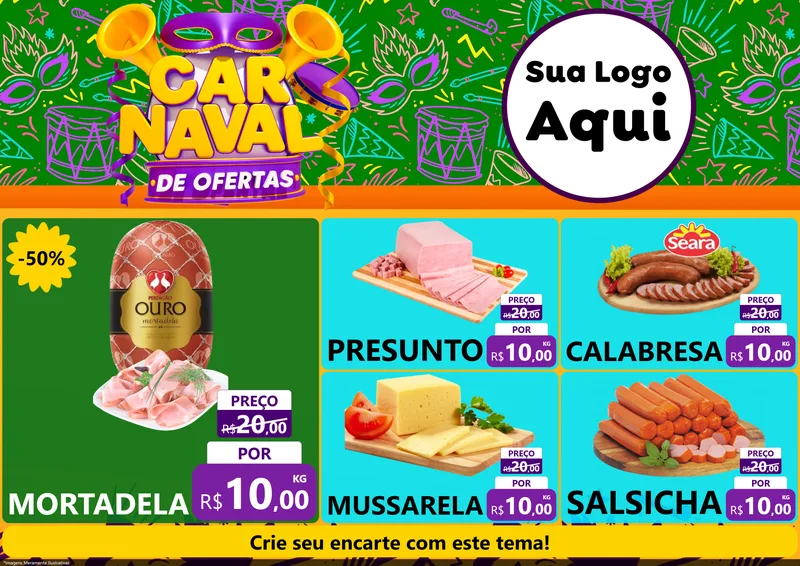 Modelo de Encarte para Encarte A4 Horizontal com o tema Carnaval de Ofertas para Frios e Laticínios