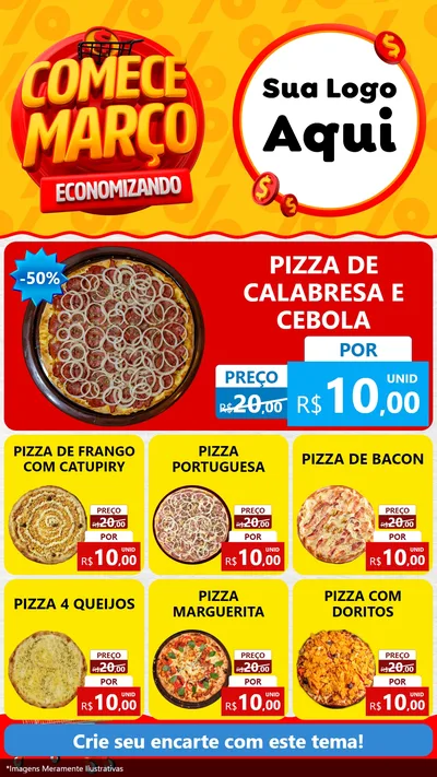 Modelo de Rede Social para Stories com o tema Comece Março Economizando para Pizzaria