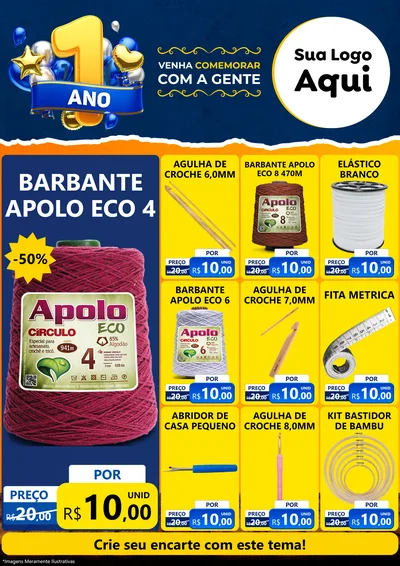 Modelo de Encarte para Encarte A4 Vertical com o tema Um Ano de Aniversário para Armarinho e Aviamentos