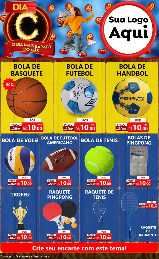 Modelo de Encarte para Encarte Grande com o tema Dia C - O Dia Mais Barato Do Mês para Artigos Esportivos