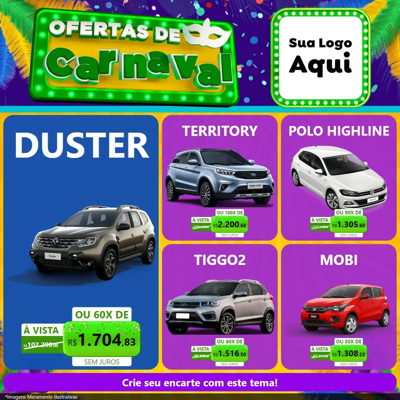 Modelo de Rede Social para Feed Facebook com o tema Ofertas de Carnaval para Concessionaria de Carros