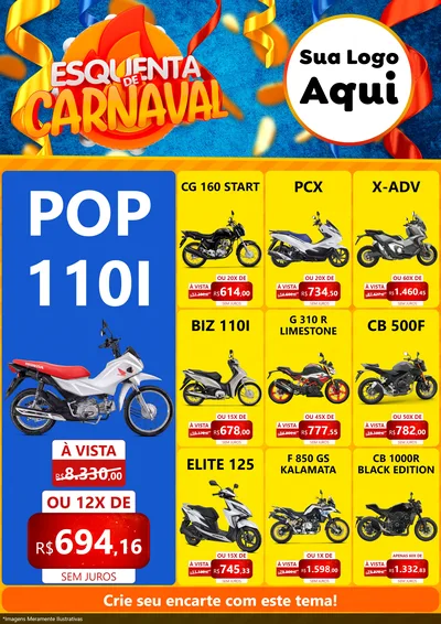 Modelo de Encarte para Encarte A4 Vertical com o tema Esquenta de Carnaval para Concessionaria de Motos
