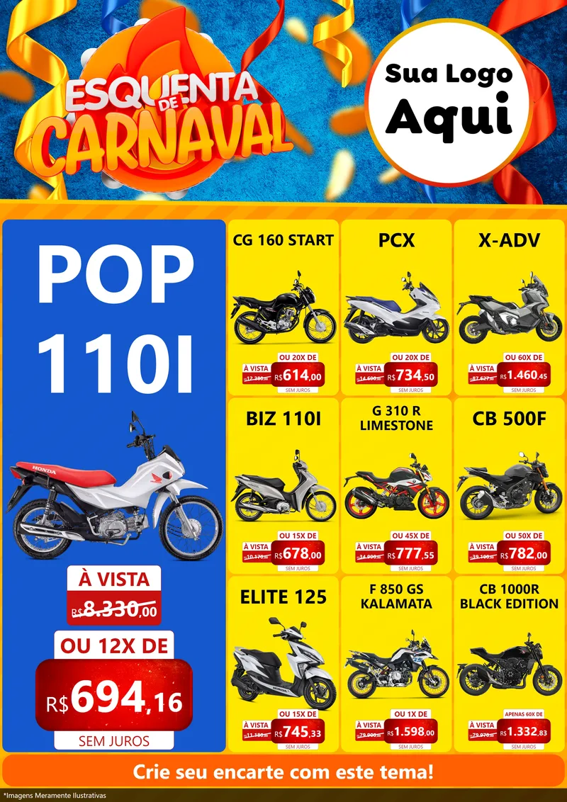 Modelo de Encarte para Encarte A4 Vertical com o tema Esquenta de Carnaval para Concessionaria de Motos