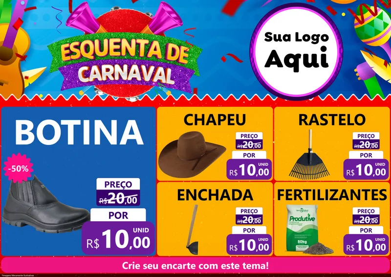 Modelo de Encarte para Encarte A4 Horizontal com o tema Esquenta de Carnaval para Agropecuária