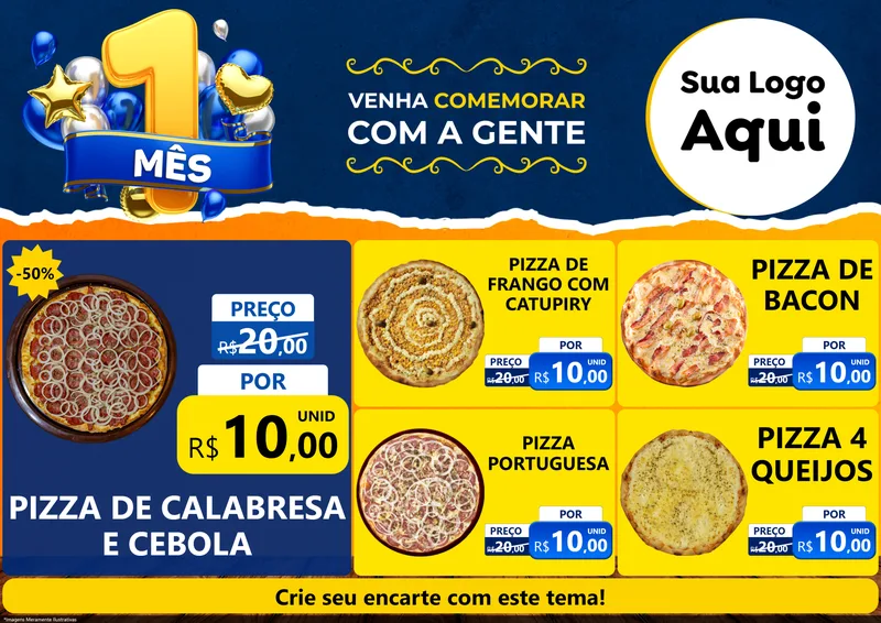 Modelo de Encarte para Encarte A4 Horizontal com o tema Um Mês de Aniversário para Pizzaria