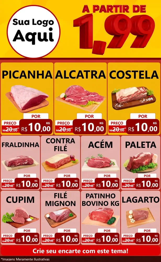 Modelo de Encarte para Encarte Grande com o tema A Partir de Um e Noventa e Nove - 1,99 para Açougue