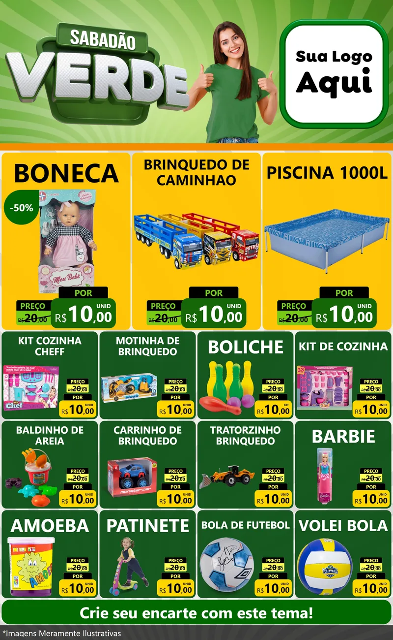 Modelo de Encarte para Encarte Grande com o tema Sabadão Verde para Brinquedos