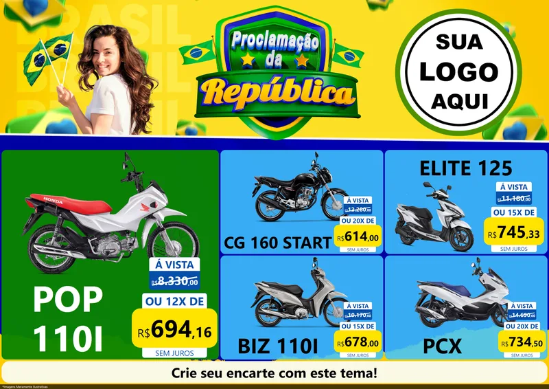 Modelo de Encarte para Encarte A4 Horizontal com o tema Proclamação da República para Concessionaria de Motos