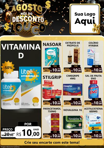 Modelo de Encarte para Encarte A4 Vertical com o tema Agosto Mês do Desconto Louco para Farmácia