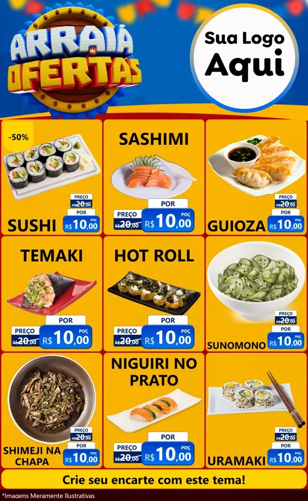 Modelo de Encarte para Encarte Grande com o tema Arraiá de Ofertas - Junina para Comida japonesa