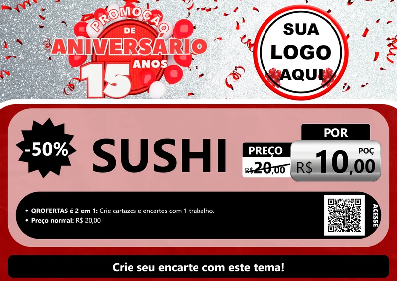 Modelo de Cartaz para Cartaz A4 Horizontal com o tema Promoção de Aniversário - 15 Anos para Comida japonesa
