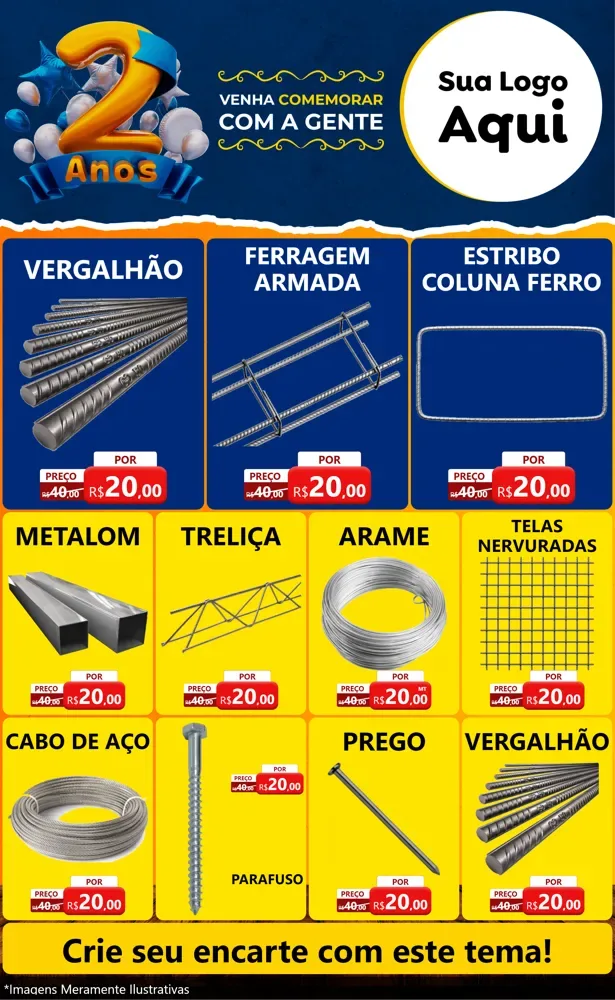 Modelo de Encarte para Encarte Grande com o tema Aniversário de 2 anos para Ferragens