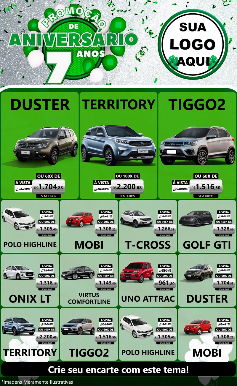 Modelo de Encarte para Encarte Grande com o tema Promoção de Aniversário - 7 Anos para Concessionaria de Carros