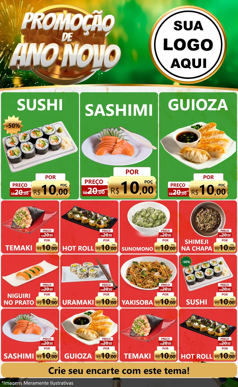 Modelo de Encarte para Encarte Grande com o tema Promoção de Ano Novo para Comida japonesa