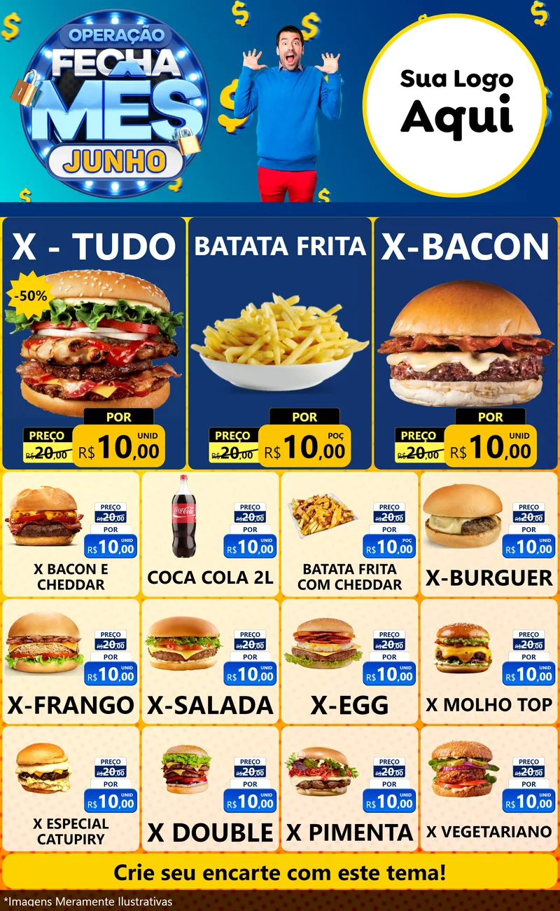 Modelo de Encarte para Encarte Grande com o tema Operação Fecha Mês, Junho para Hamburgueria