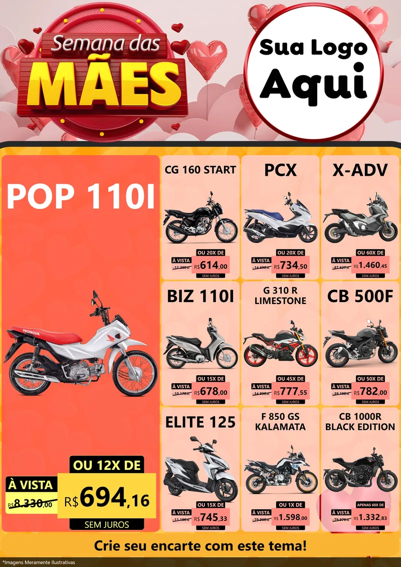 Modelo de Encarte para Encarte A4 Vertical com o tema Semana das Mães para Concessionaria de Motos