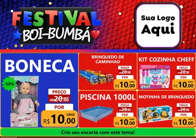 Modelo de Encarte para Encarte A4 Horizontal com o tema Festival Boi-Bumbá para Brinquedos