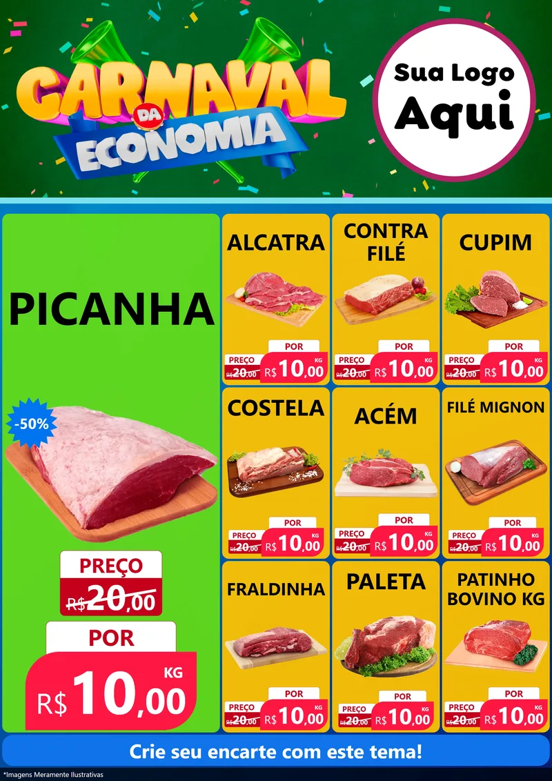 Modelo de Encarte para Encarte A4 Vertical com o tema Carnaval da Economia para Açougue