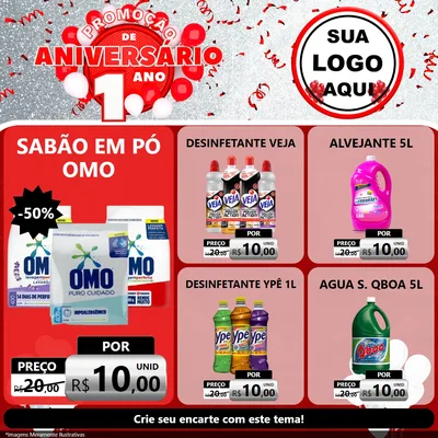 Modelo de Rede Social para Feed Facebook com o tema Promoção de Aniversário - 1 Ano para Produtos de Limpeza