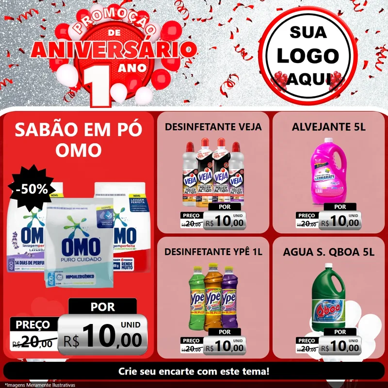 Modelo de Rede Social para Feed Facebook com o tema Promoção de Aniversário - 1 Ano para Produtos de Limpeza
