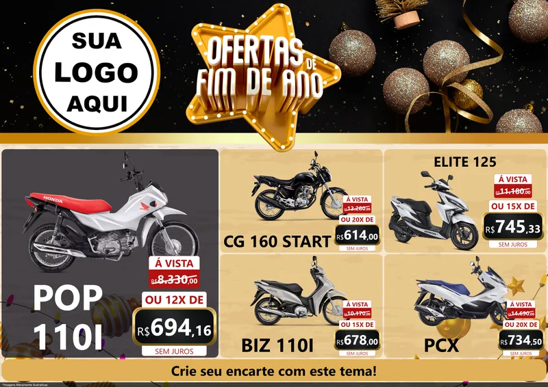 Modelo de Encarte para Encarte A4 Horizontal com o tema Ofertas de Fim de Ano para Concessionaria de Motos