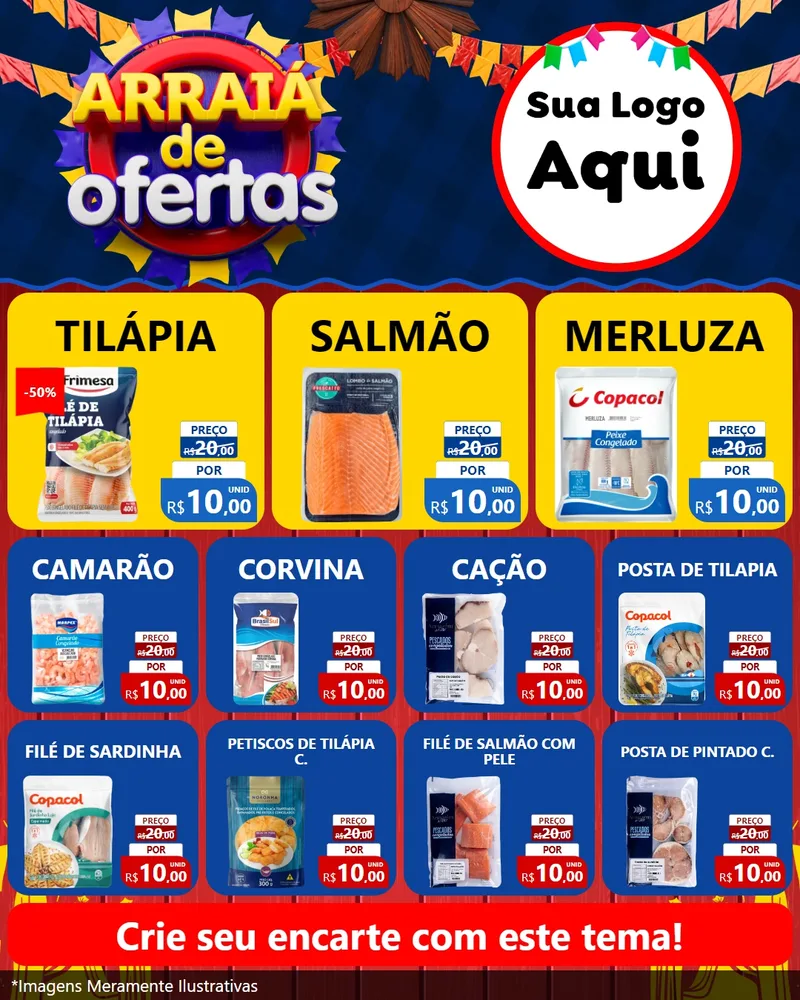 Modelo de Rede Social para Feed Instagram com o tema Arraiá de Ofertas para Peixaria