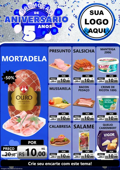 Modelo de Encarte para Encarte A4 Vertical com o tema Promoção de Aniversário - 5 Anos para Frios e Laticínios