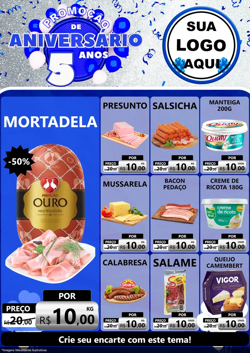 Modelo de Encarte para Encarte A4 Vertical com o tema Promoção de Aniversário - 5 Anos para Frios e Laticínios