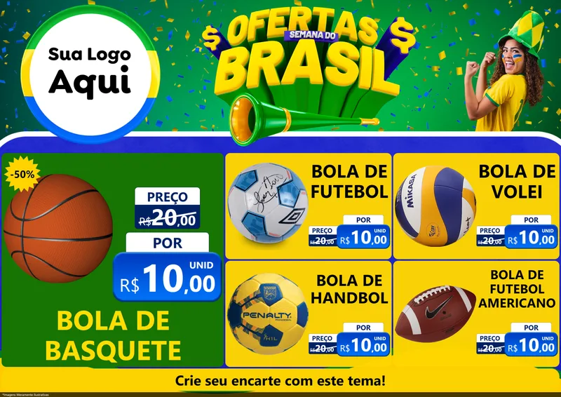 Modelo de Encarte para Encarte A4 Horizontal com o tema Ofertas Semana do Brasil para Artigos Esportivos