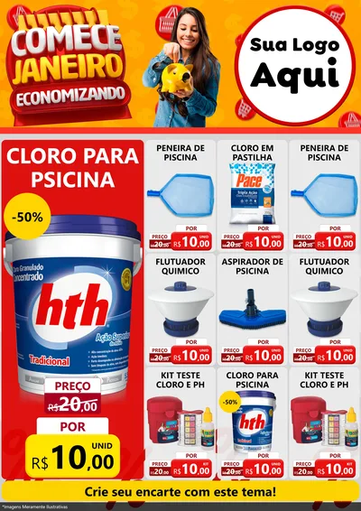 Modelo de Encarte para Encarte A4 Vertical com o tema Comece Janeiro Economizando para Produtos para Piscina