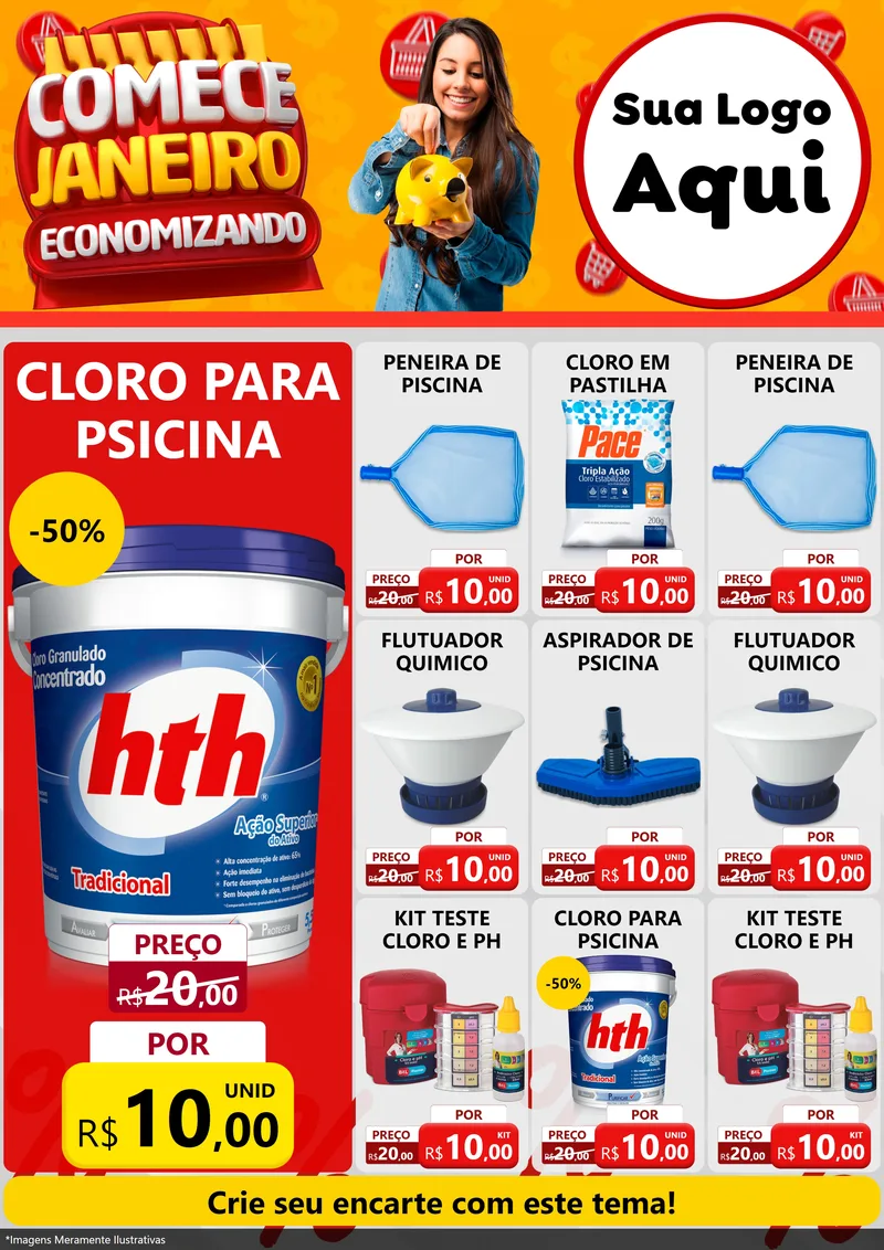 Modelo de Encarte para Encarte A4 Vertical com o tema Comece Janeiro Economizando para Produtos para Piscina